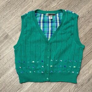 Vtg Blast Petites Green Knit Plaid Back Button Front Sweater Vest Womens Small